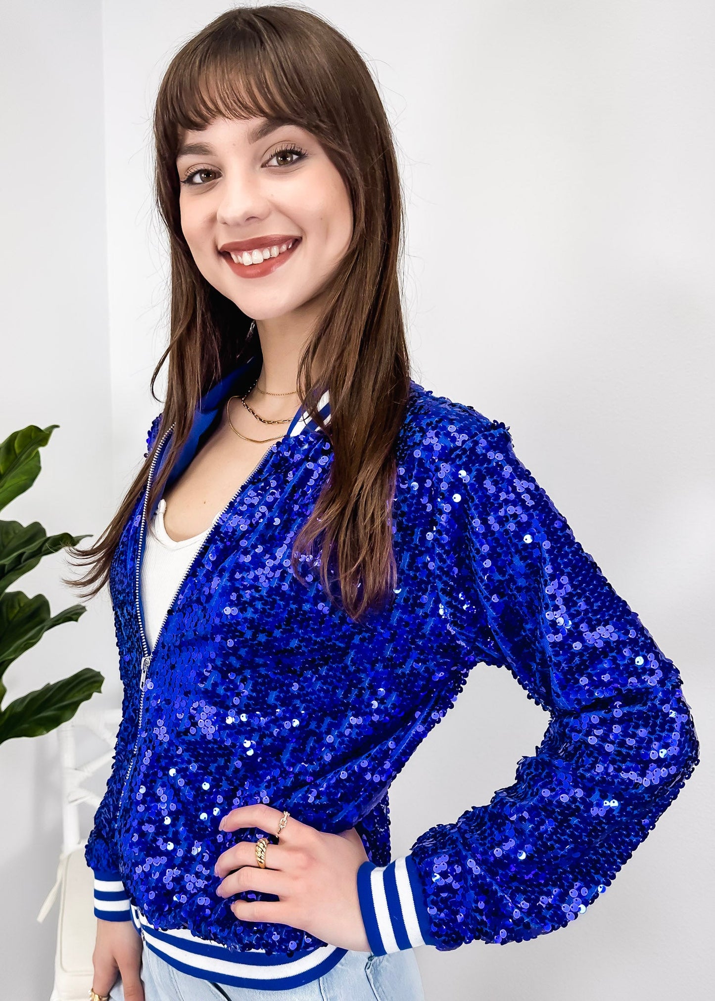 Striped Metallic Sequin Varsity Jacket