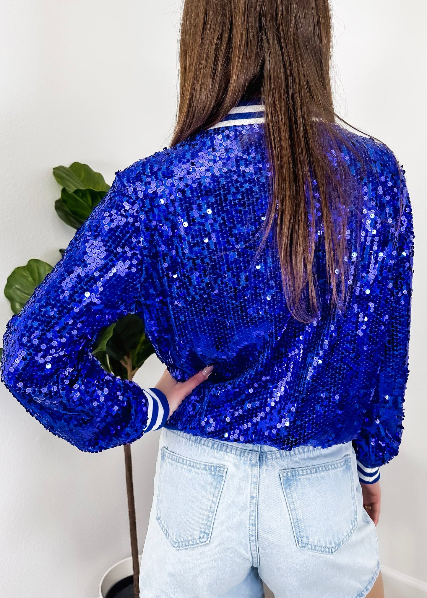 Striped Metallic Sequin Varsity Jacket
