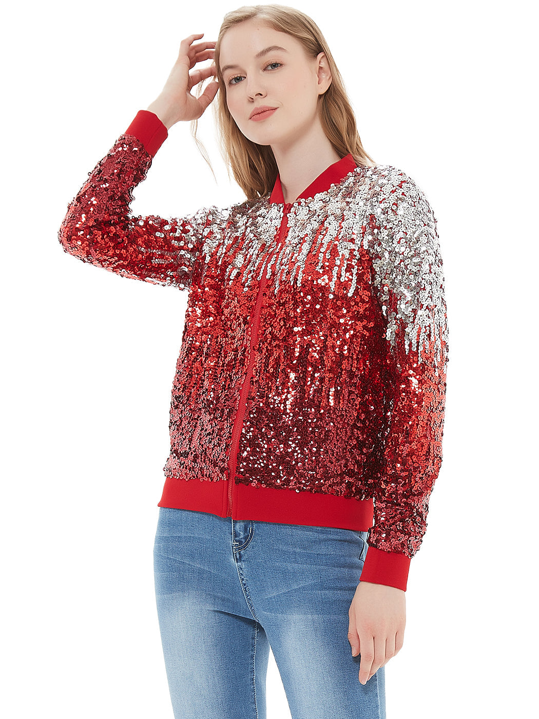 Striped Metallic Sequin Varsity Jacket