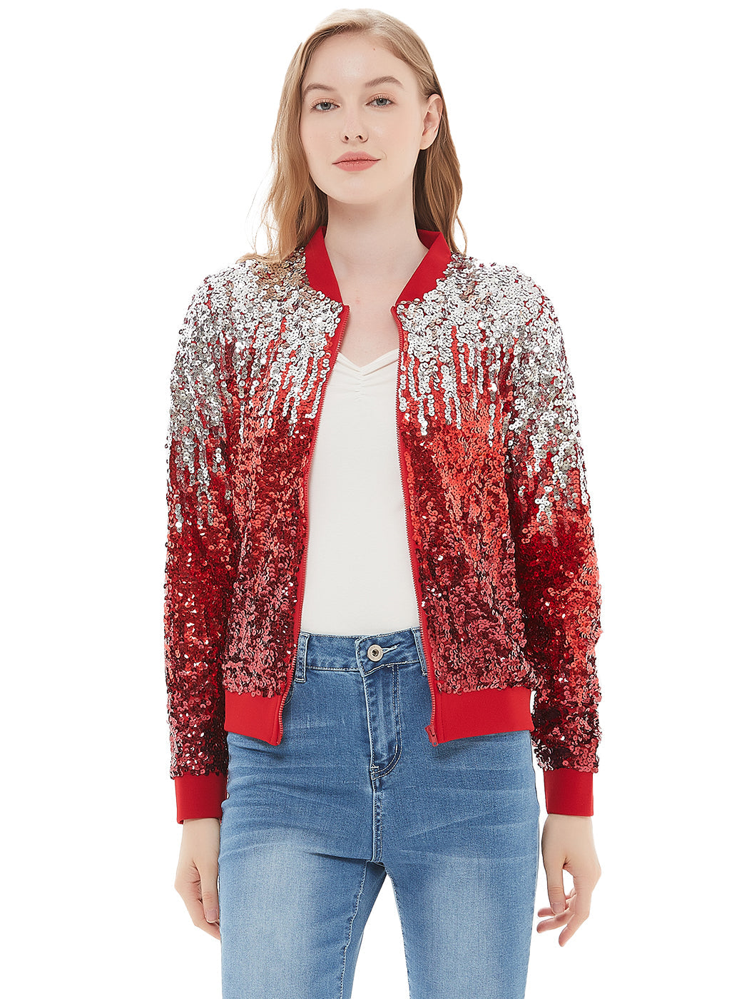 Striped Metallic Sequin Varsity Jacket