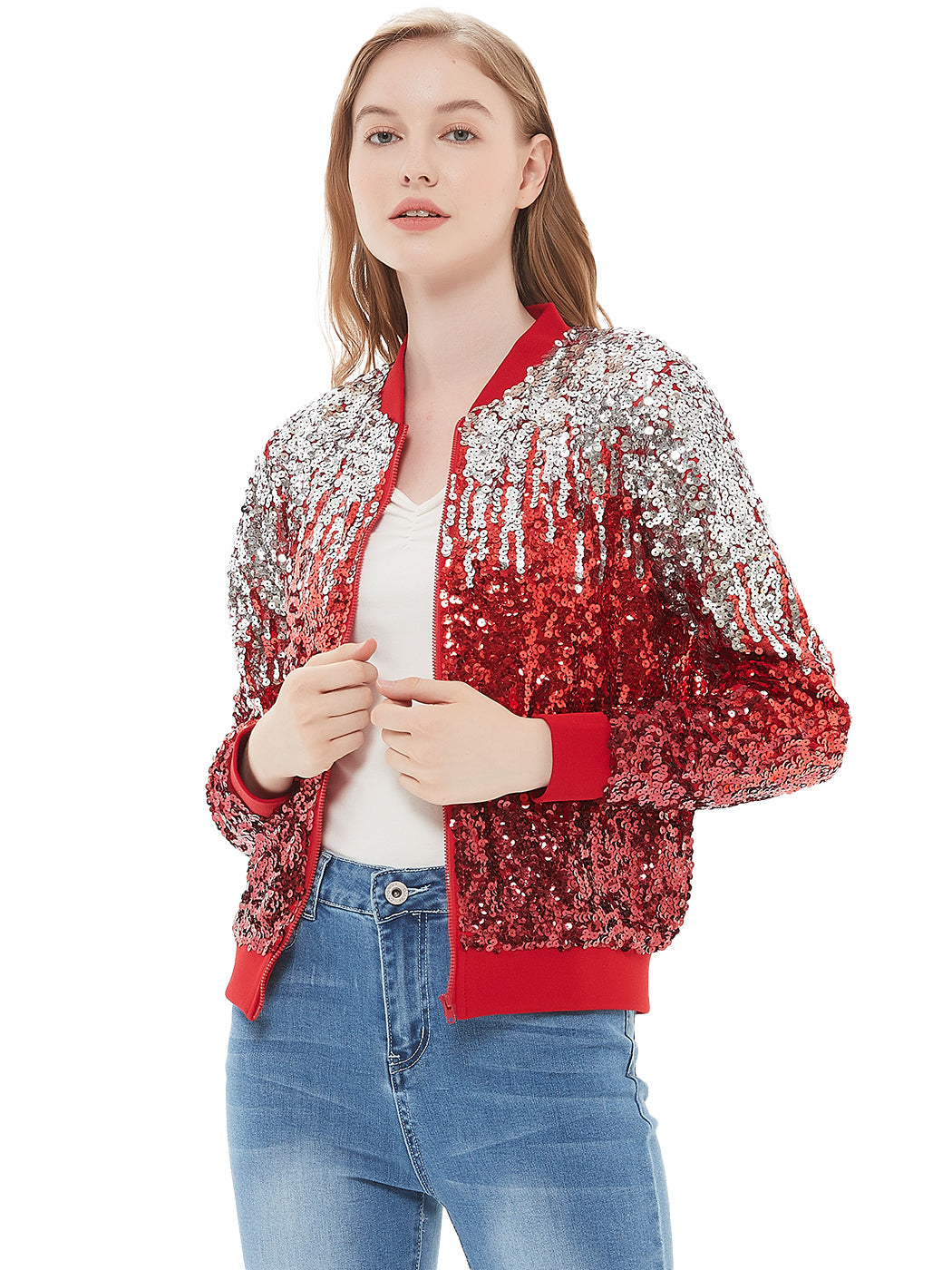 Striped Metallic Sequin Varsity Jacket
