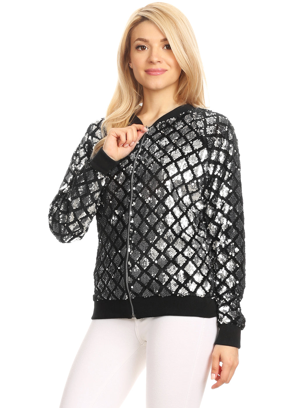 Striped Metallic Sequin Varsity Jacket