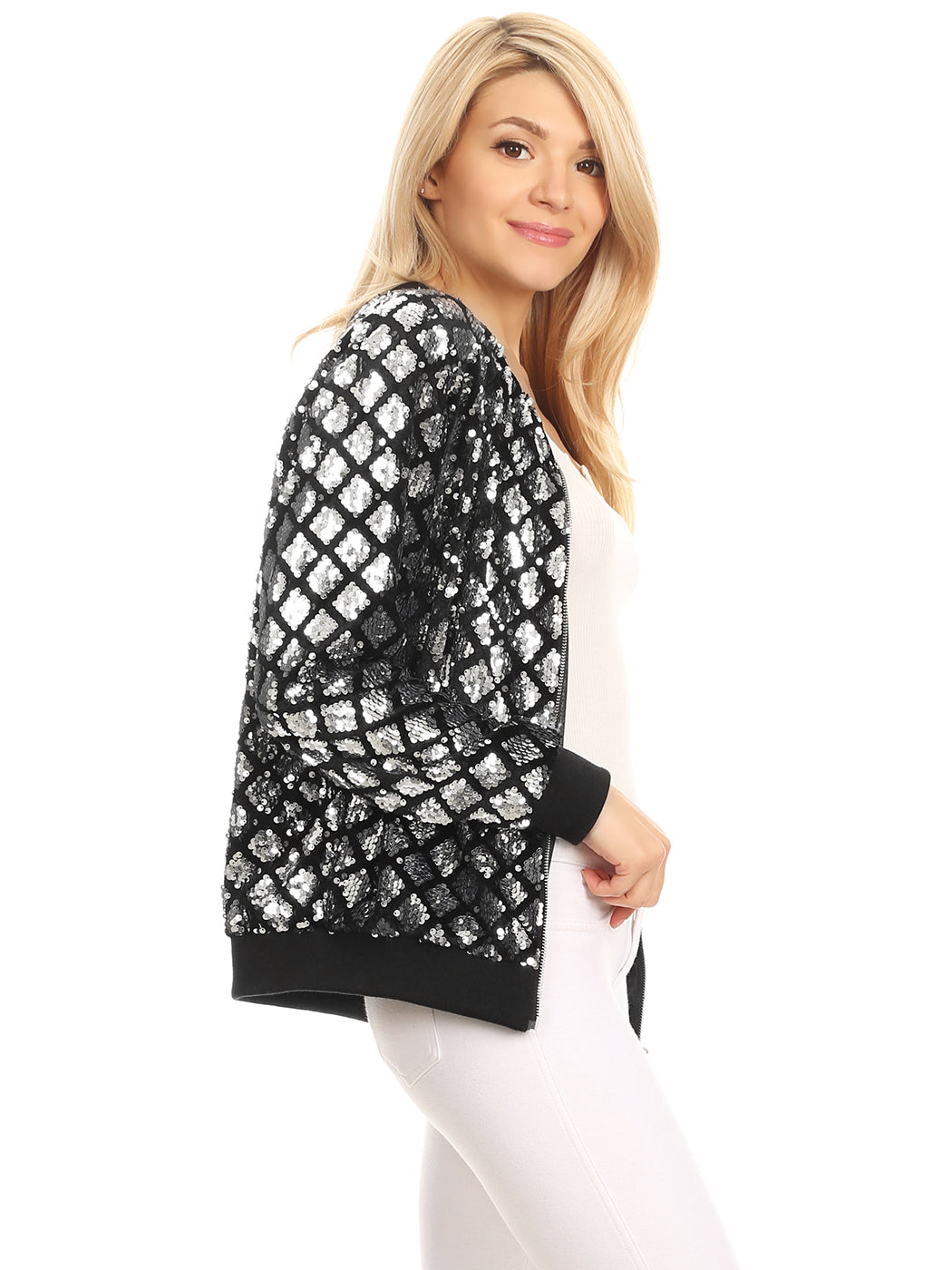 Striped Metallic Sequin Varsity Jacket