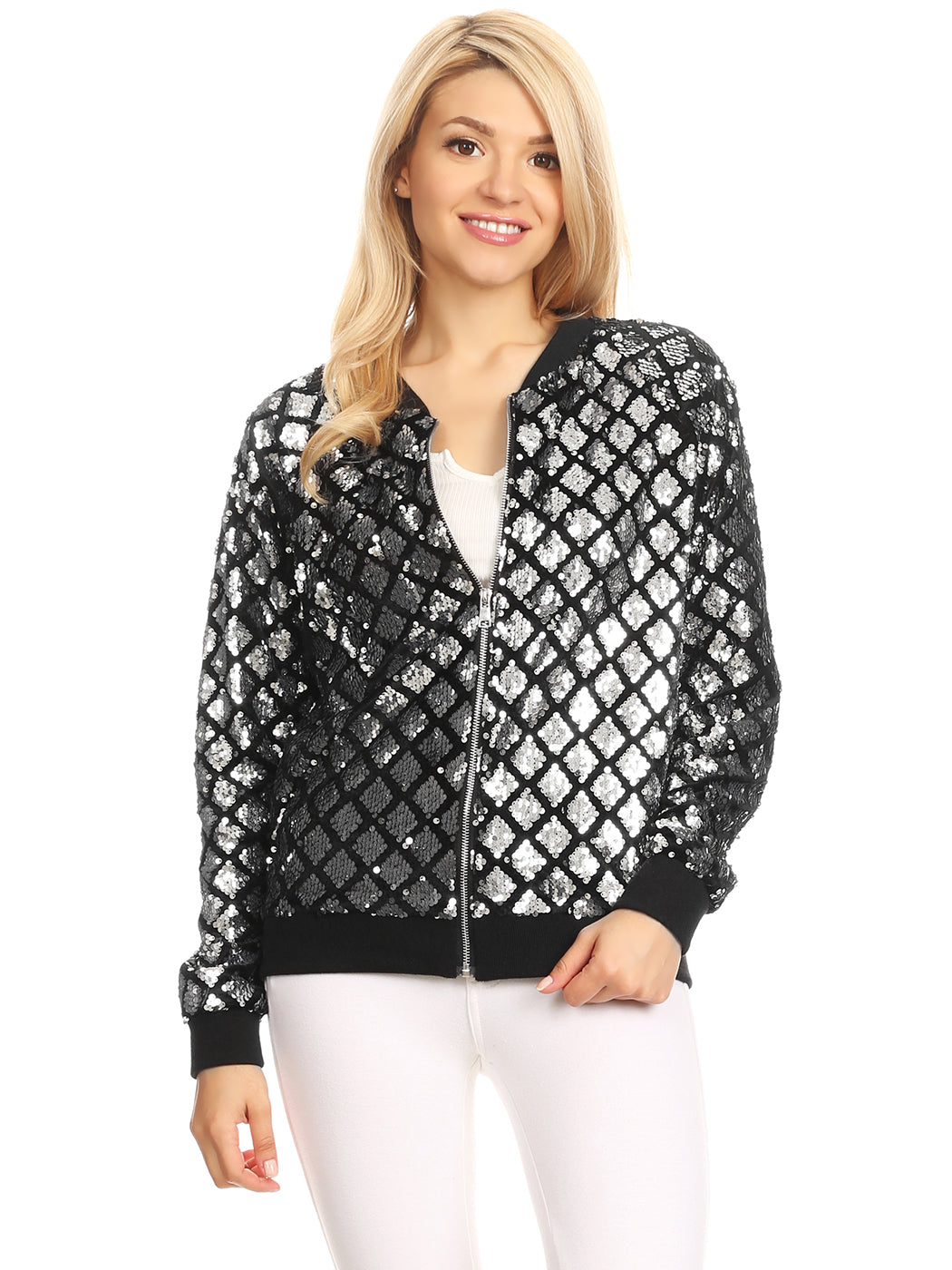 Striped Metallic Sequin Varsity Jacket