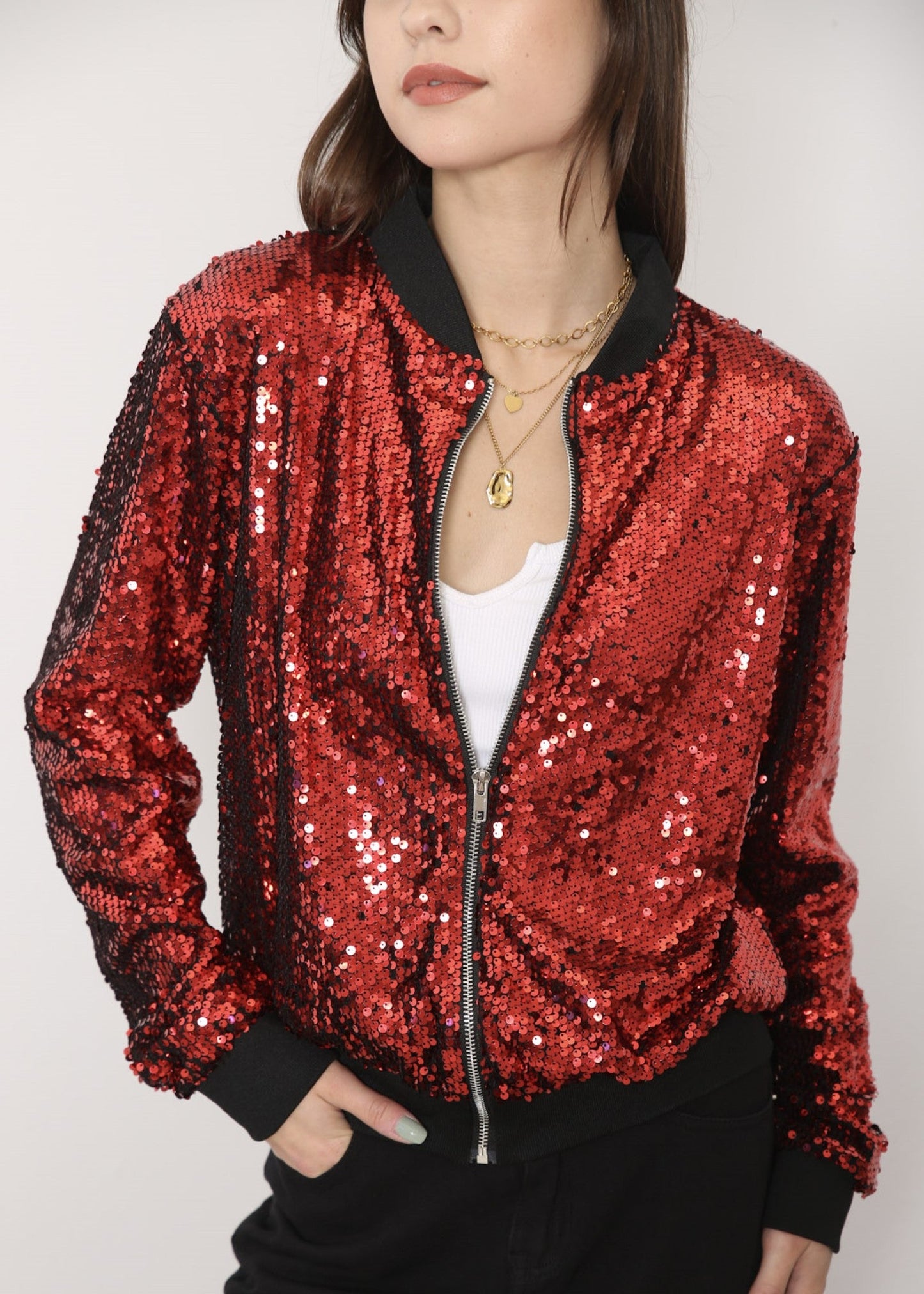 Striped Metallic Sequin Varsity Jacket