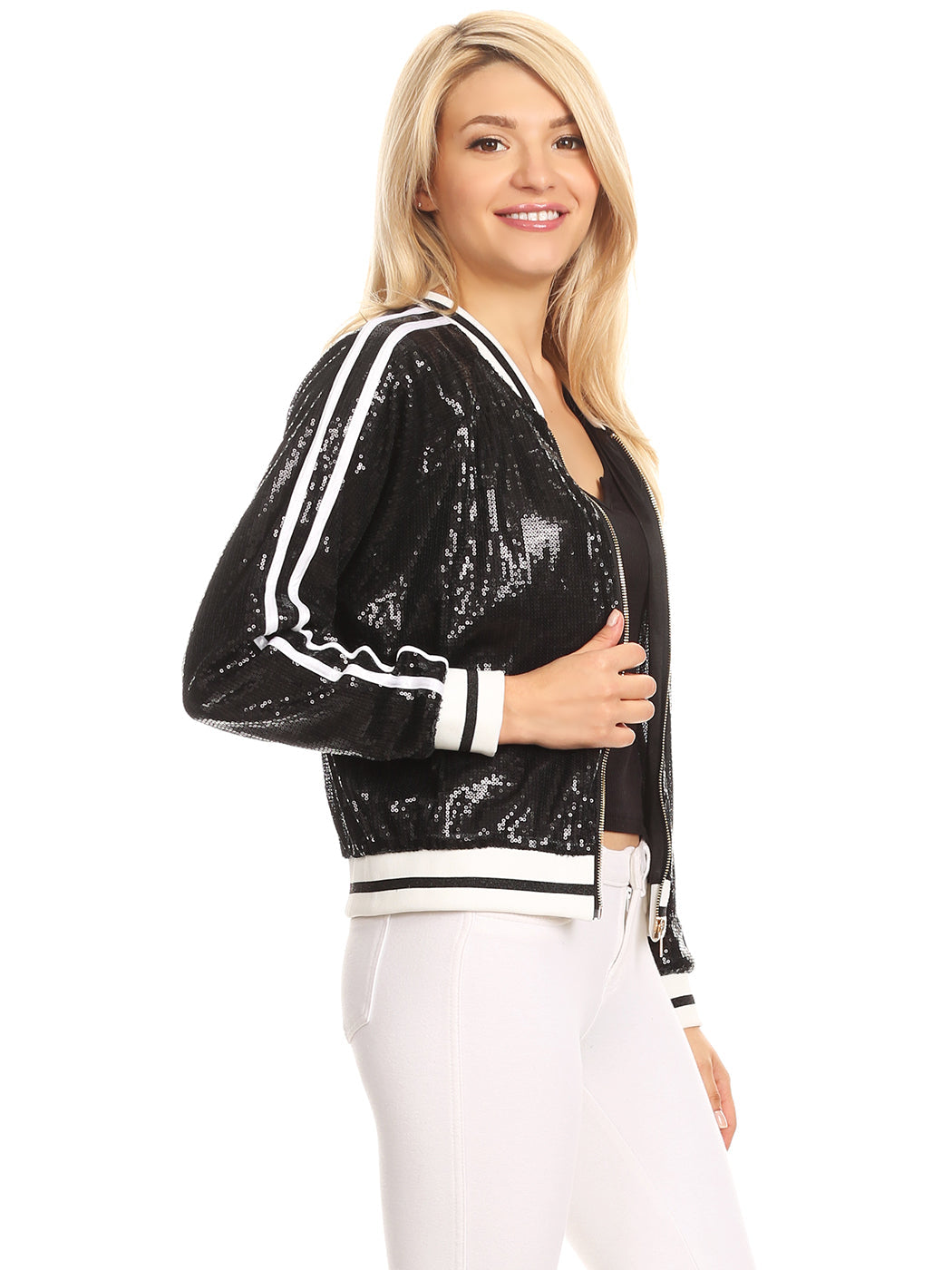 Striped Metallic Sequin Varsity Jacket