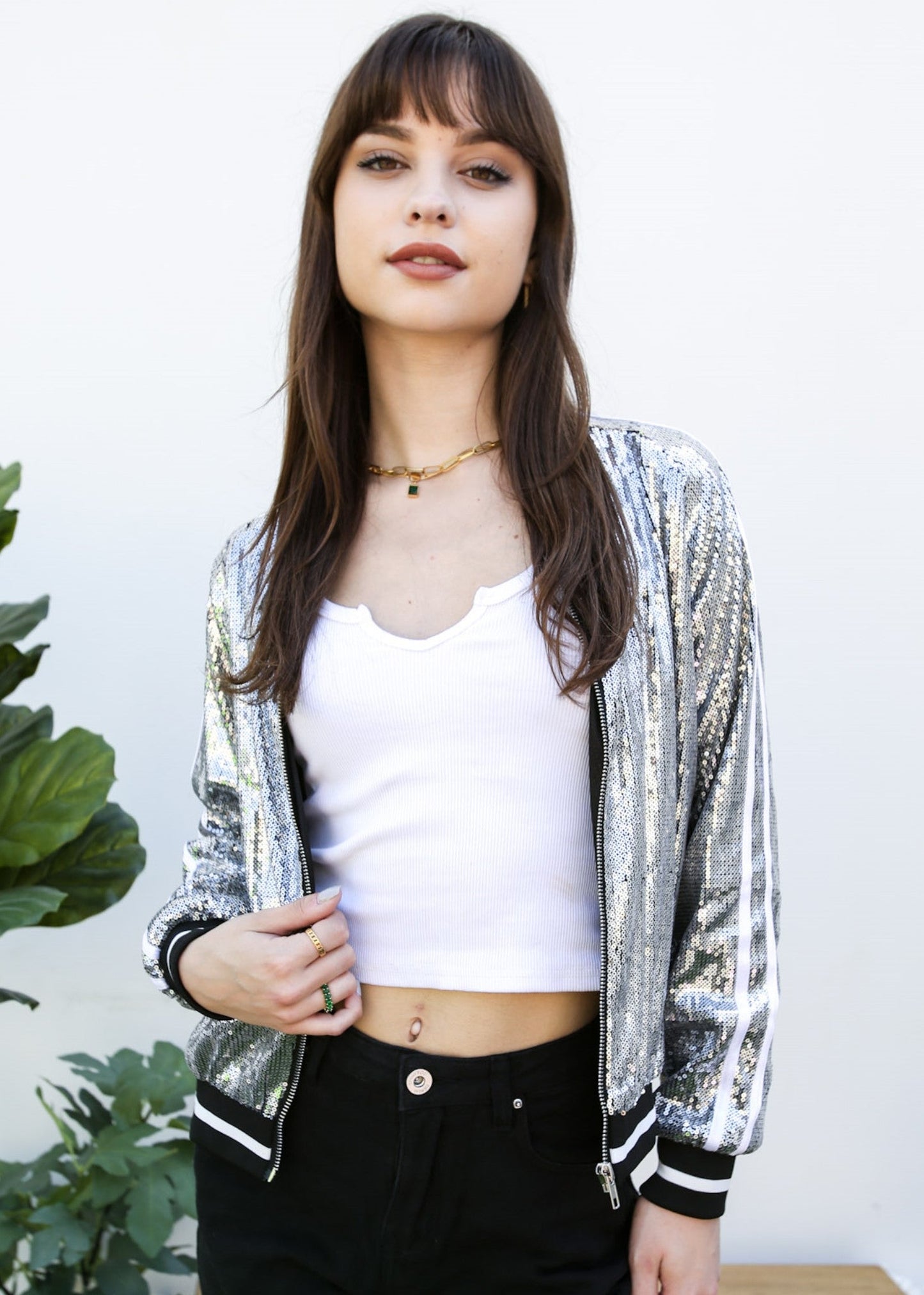 Striped Metallic Sequin Varsity Jacket