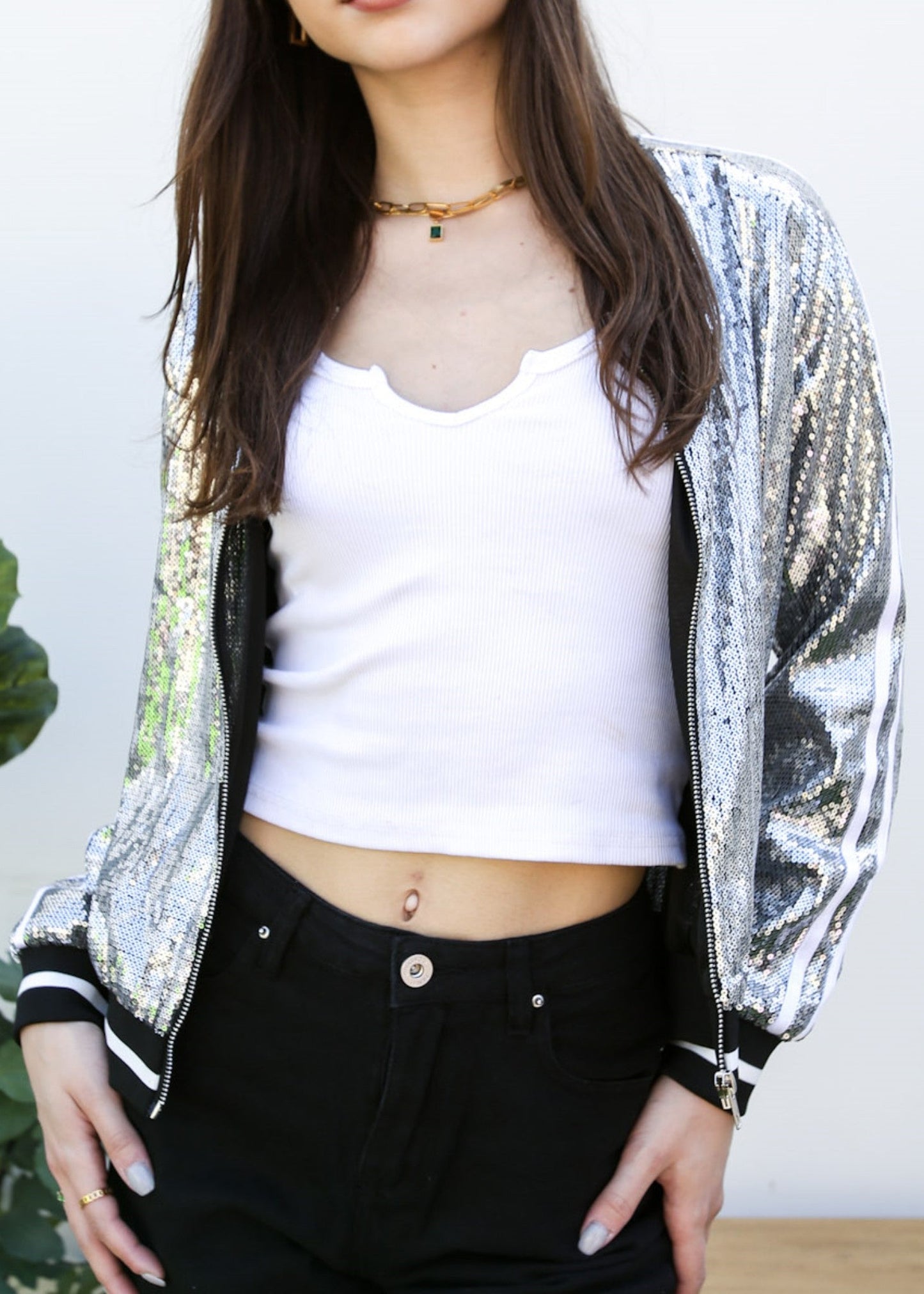 Striped Metallic Sequin Varsity Jacket