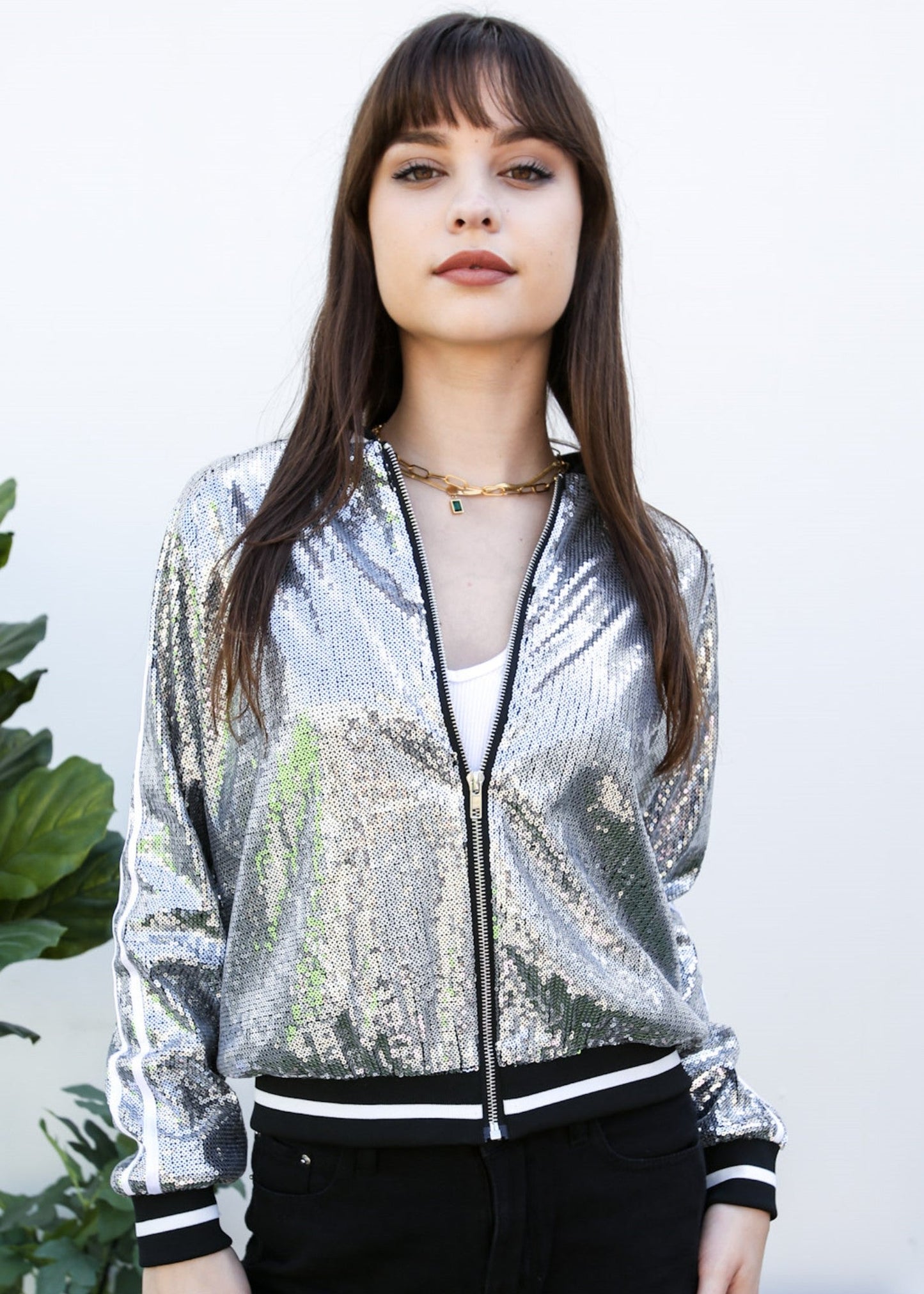Striped Metallic Sequin Varsity Jacket