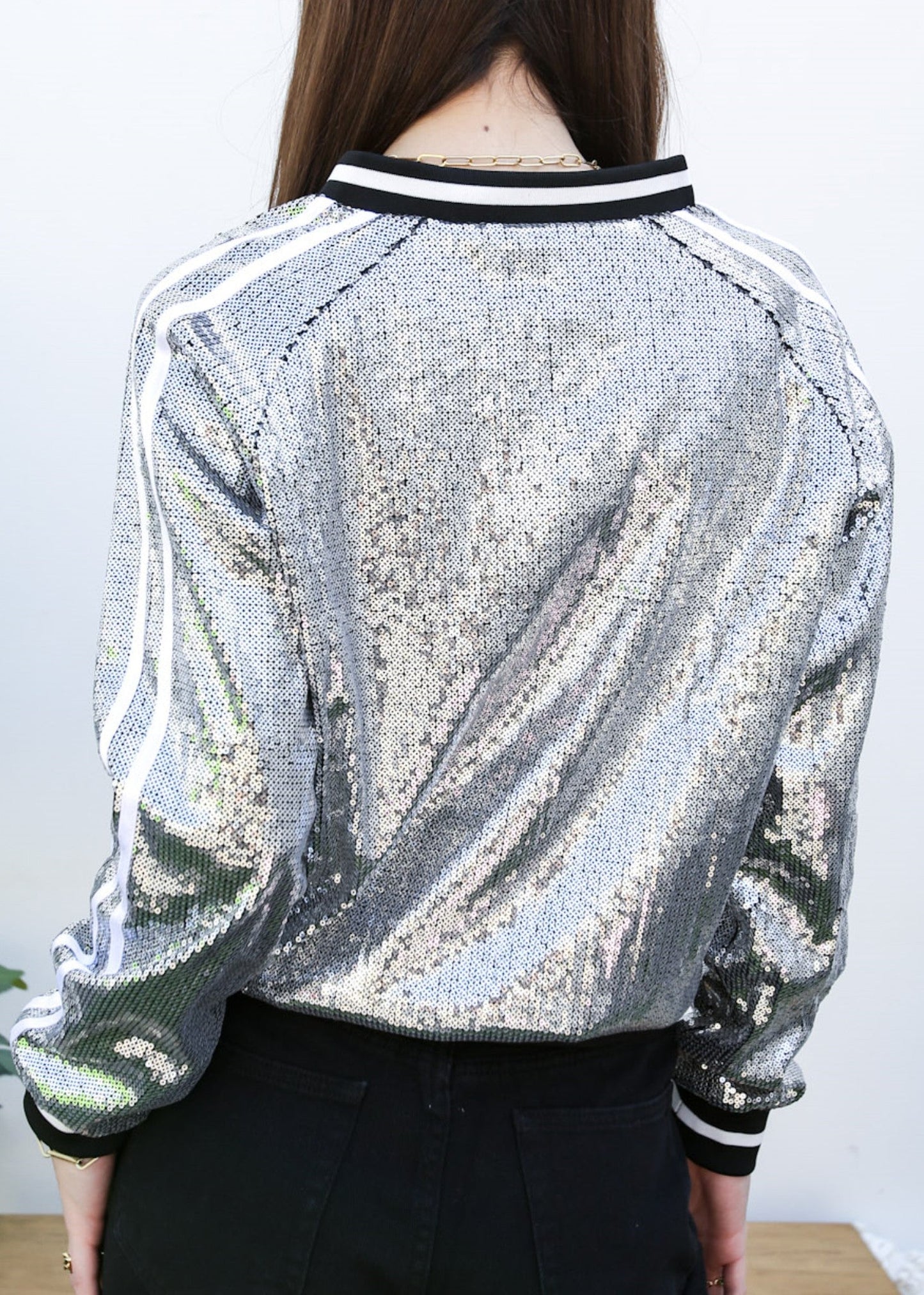 Striped Metallic Sequin Varsity Jacket
