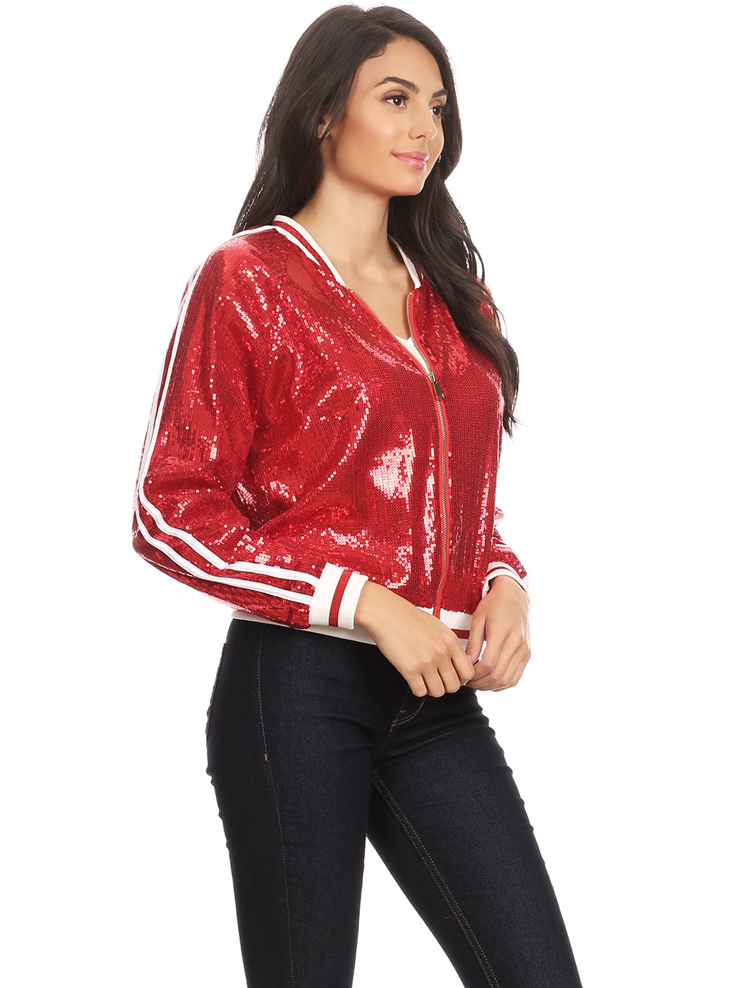 Striped Metallic Sequin Varsity Jacket