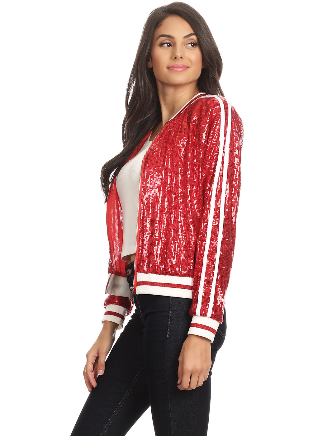 Striped Metallic Sequin Varsity Jacket