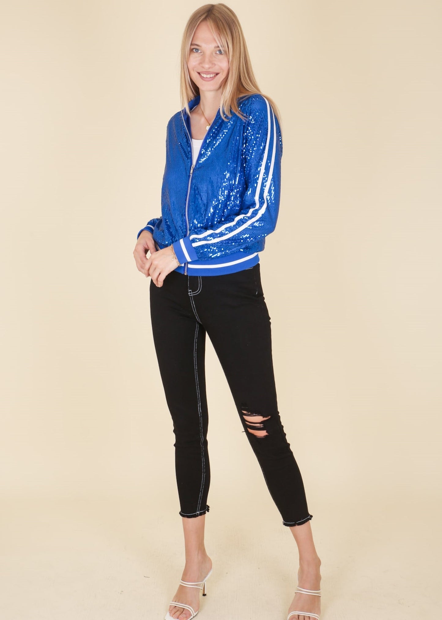 Striped Metallic Sequin Varsity Jacket