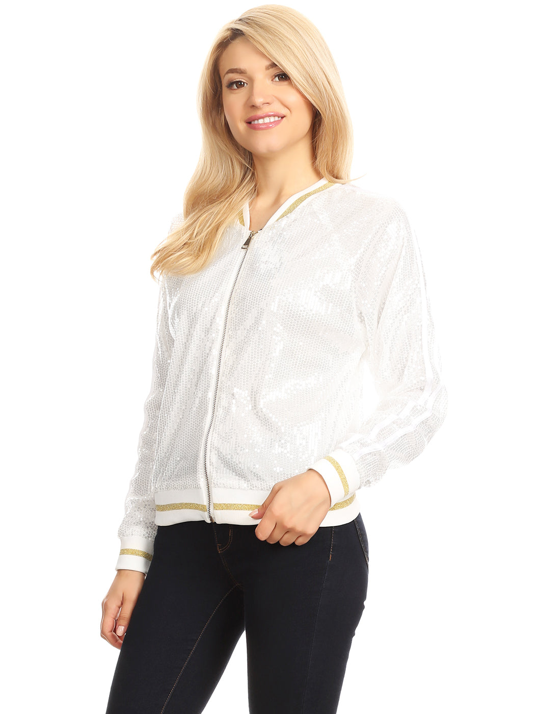 Striped Metallic Sequin Varsity Jacket