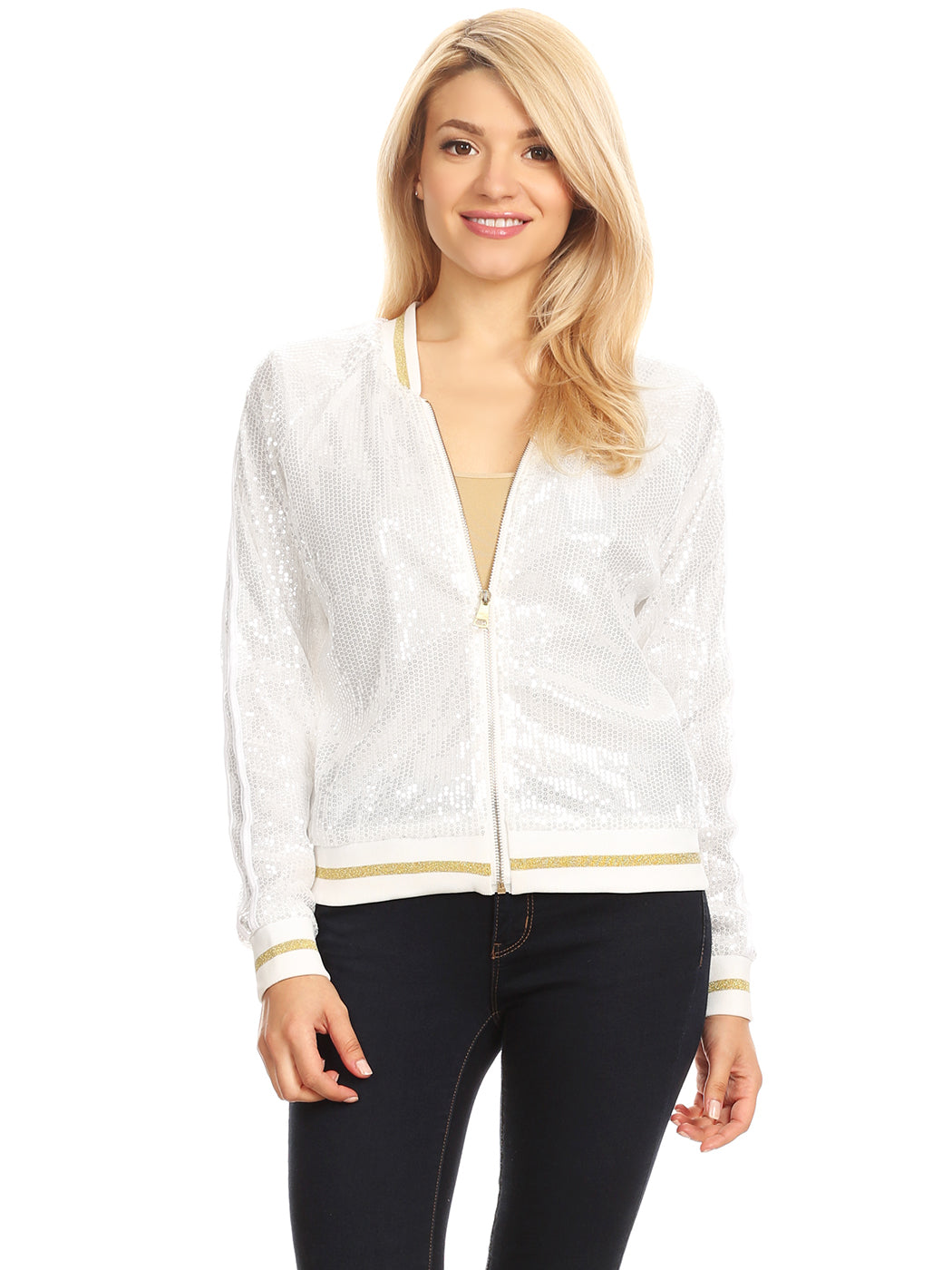 Striped Metallic Sequin Varsity Jacket