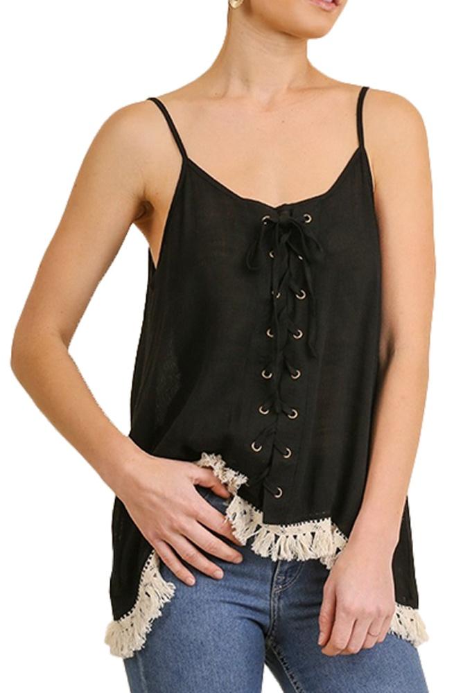 Anna-Kaci Womens Casual Drape Tassel Hem Sleeveless Bohemian Peasant Cami Top