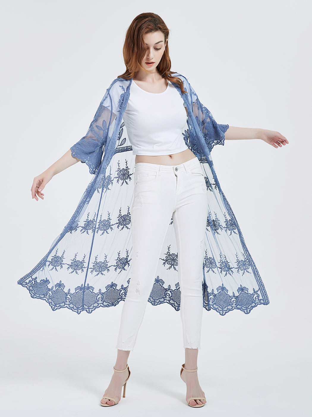 Long Floral Lace Embroidered Kimono