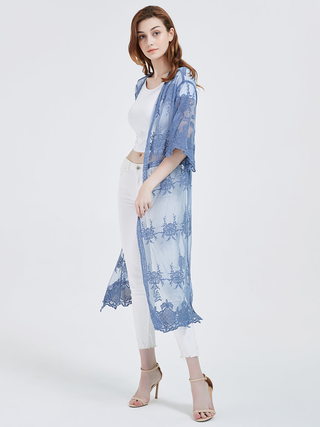 Long Floral Lace Embroidered Kimono