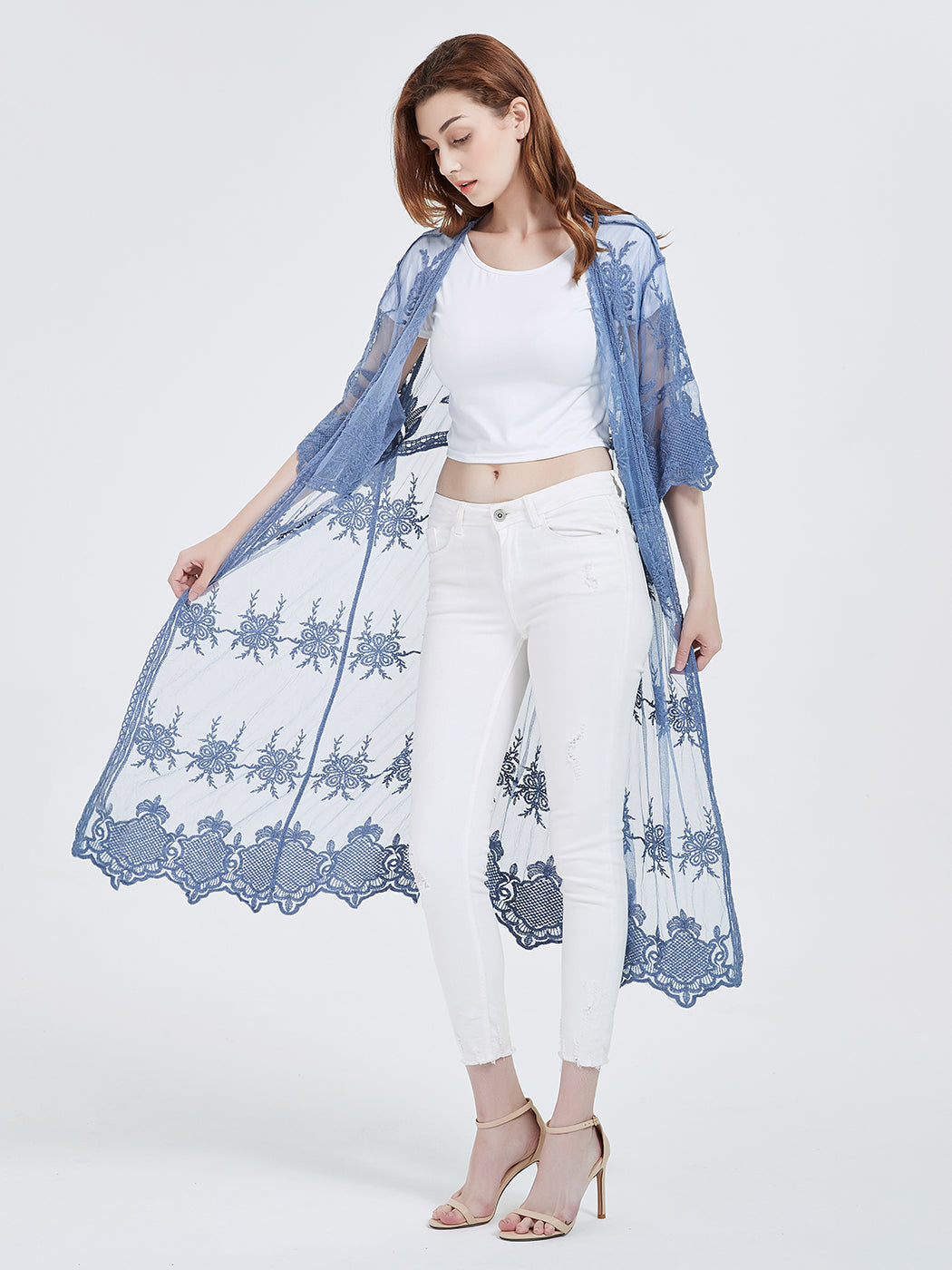 Long Floral Lace Embroidered Kimono