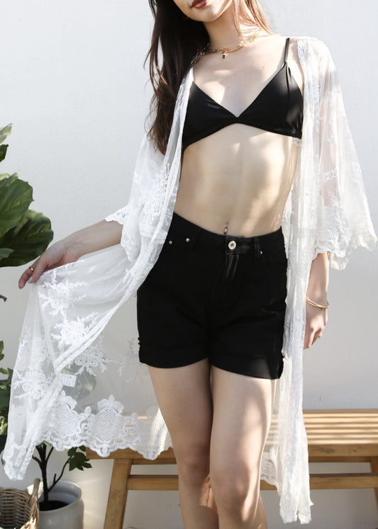 Long Floral Lace Embroidered Kimono