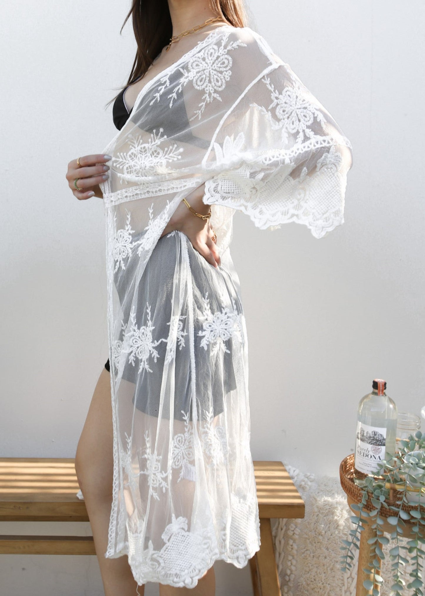 Long Floral Lace Embroidered Kimono