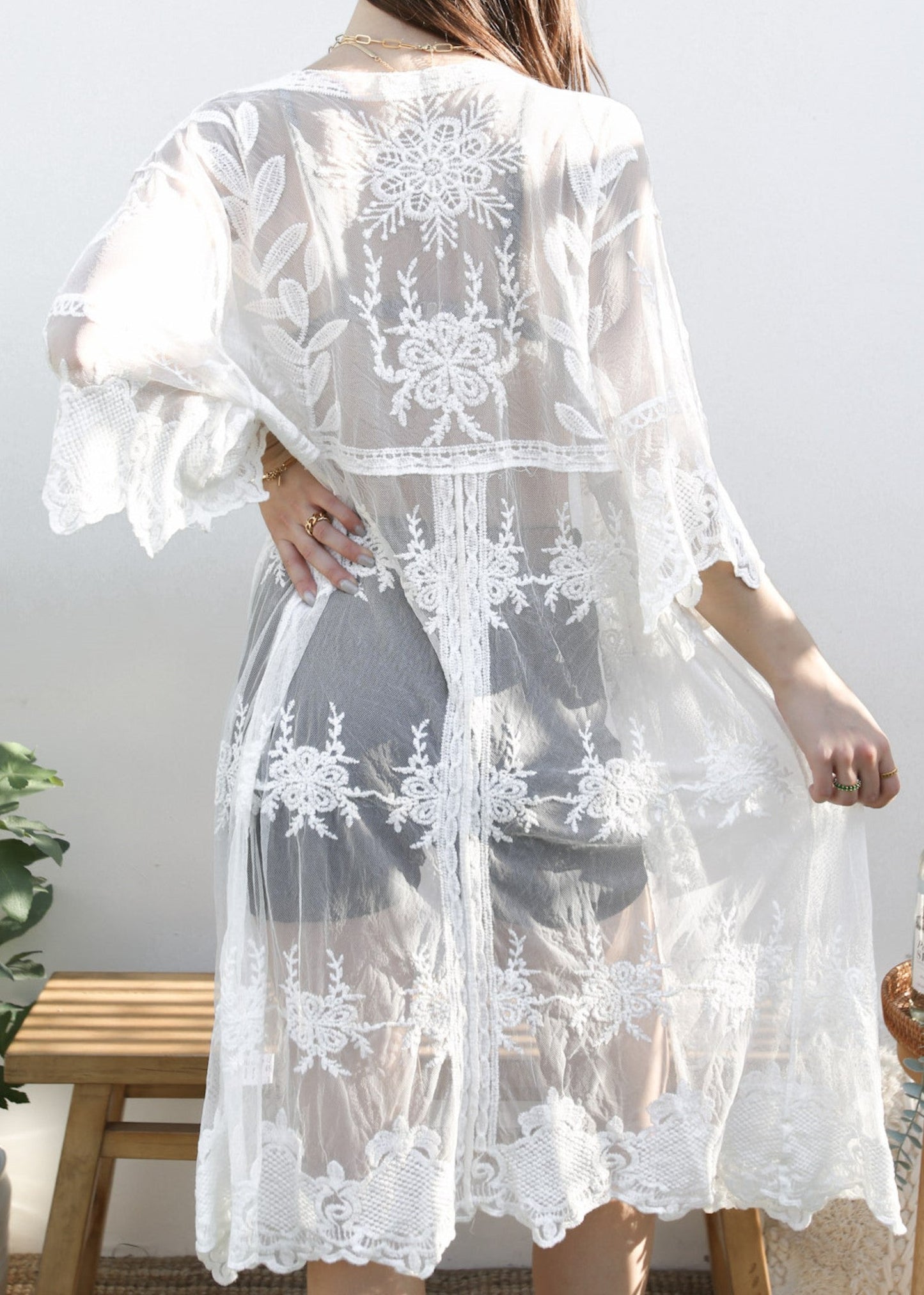 Long Floral Lace Embroidered Kimono