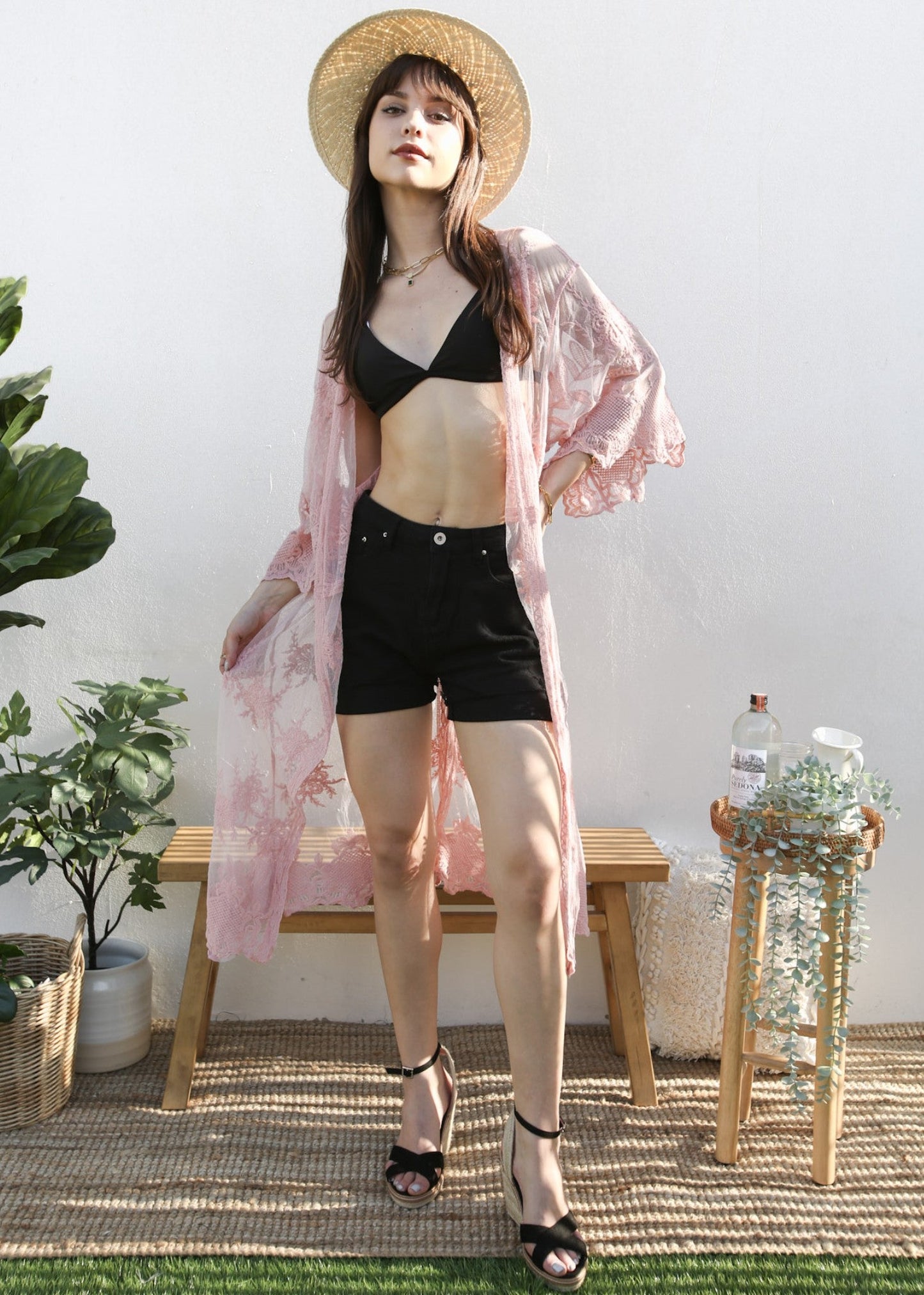 Long Floral Lace Embroidered Kimono