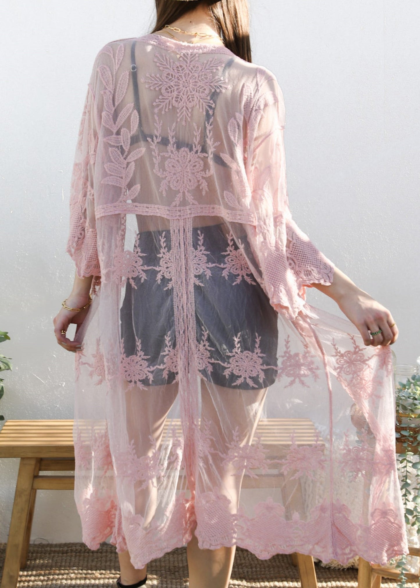 Long Floral Lace Embroidered Kimono