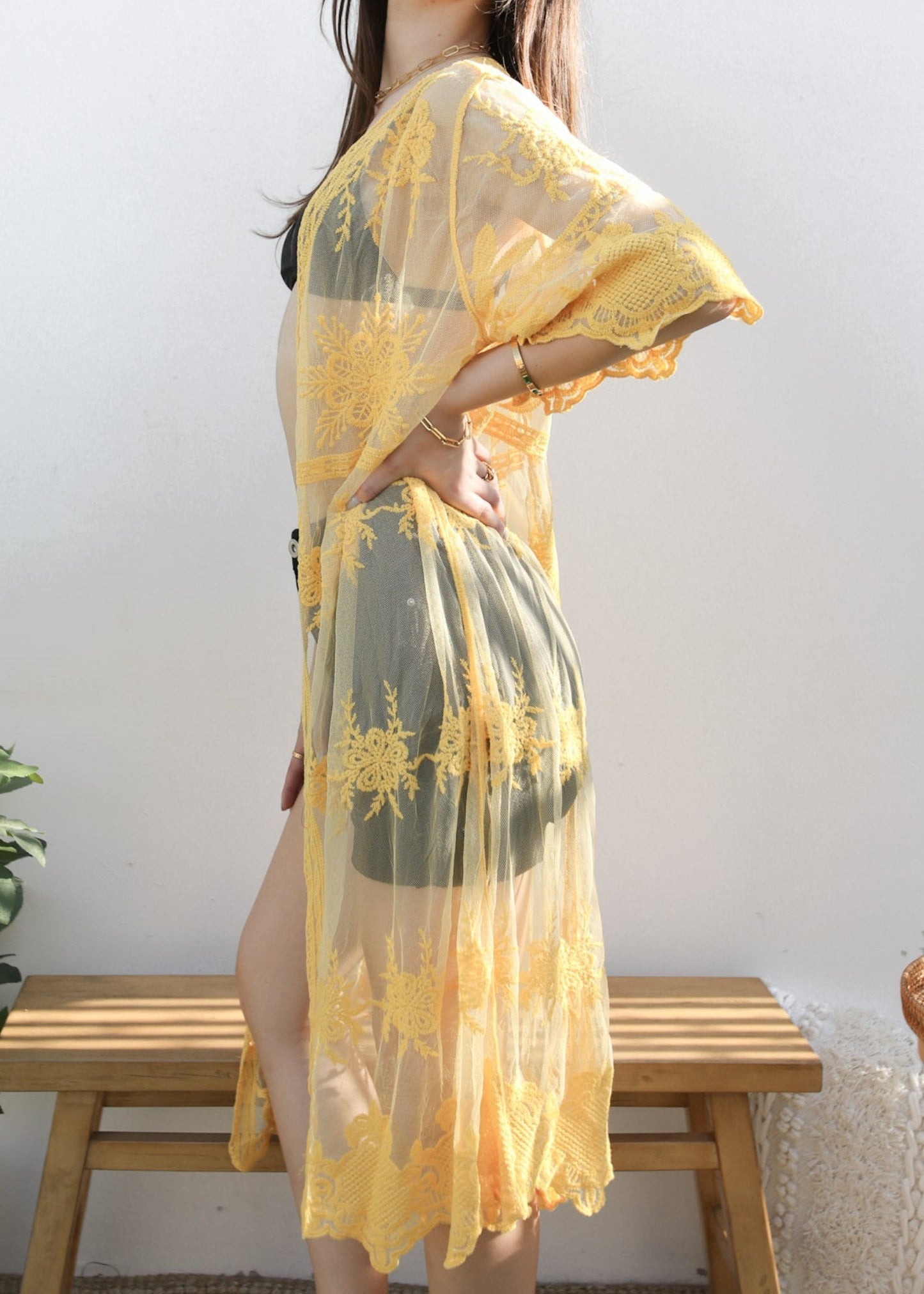 Long Floral Lace Embroidered Kimono