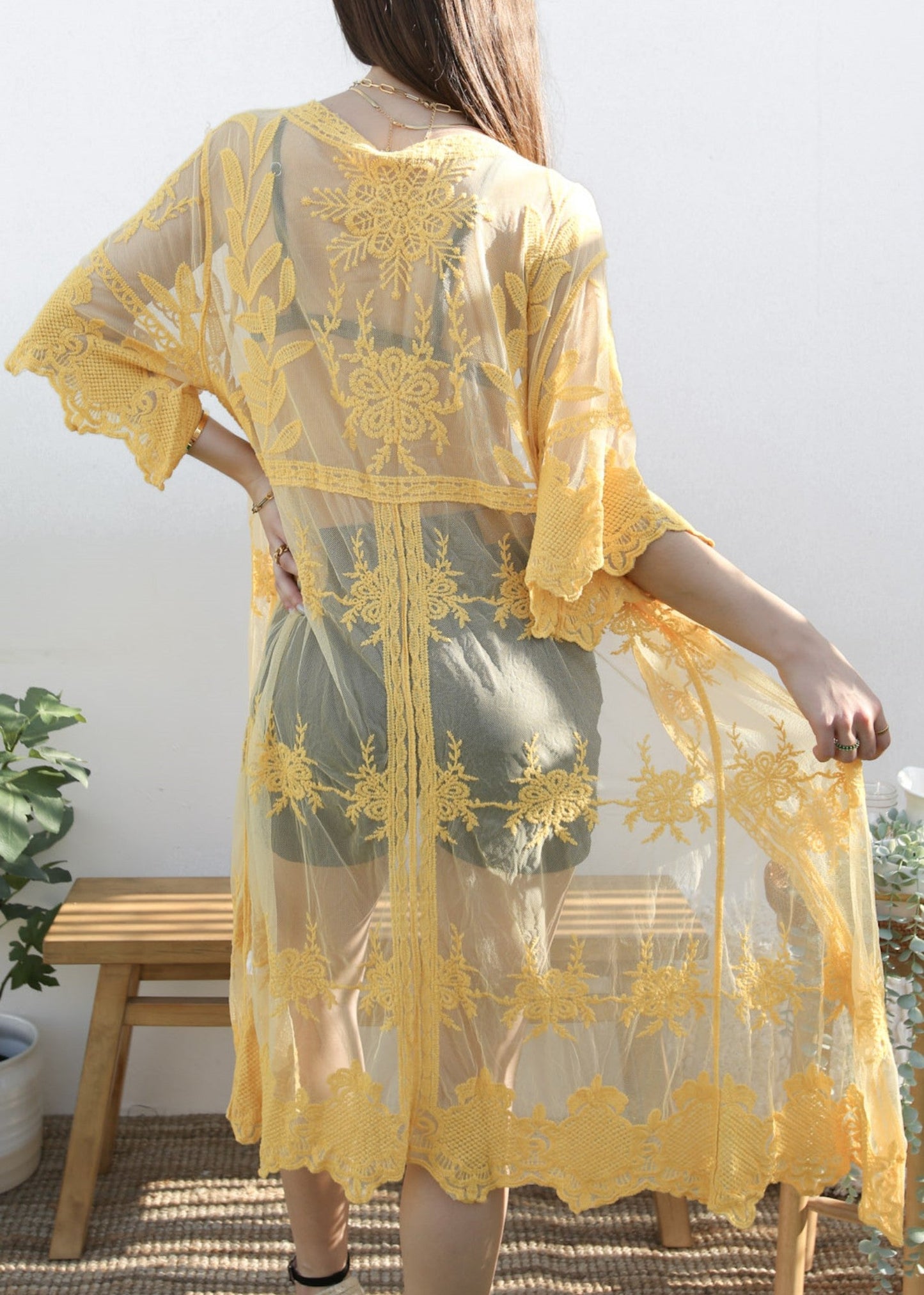 Long Floral Lace Embroidered Kimono