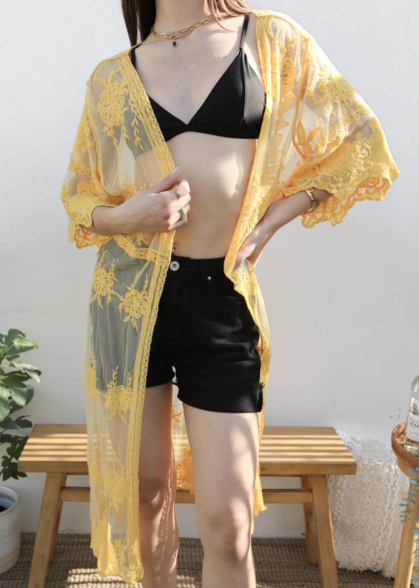 Long Floral Lace Embroidered Kimono