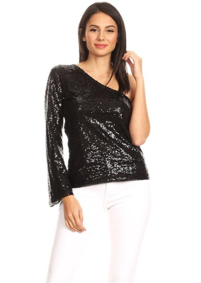 One Shoulder Long Sleeve Sequin Party Top