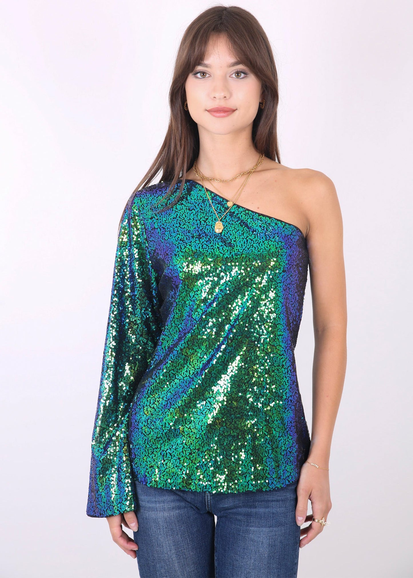 One Shoulder Long Sleeve Sequin Party Top