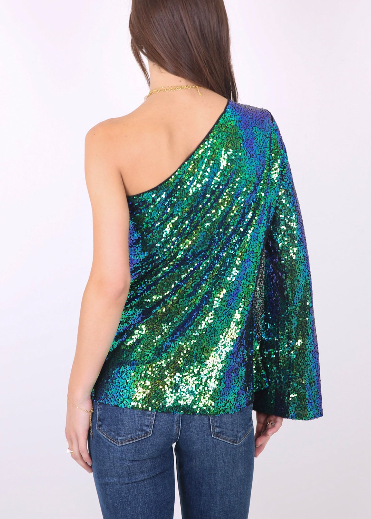 One Shoulder Long Sleeve Sequin Party Top