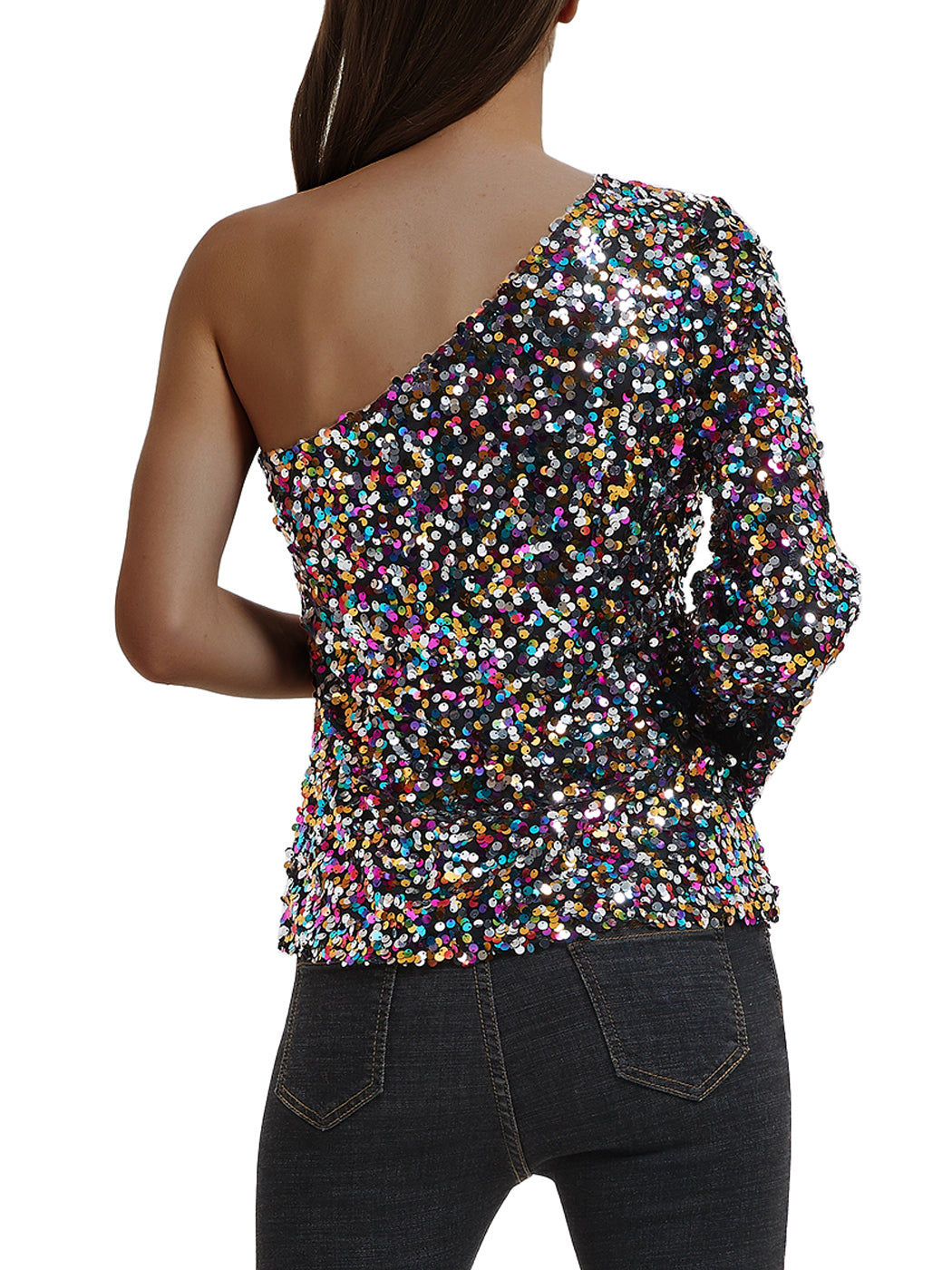 One Shoulder Long Sleeve Sequin Party Top