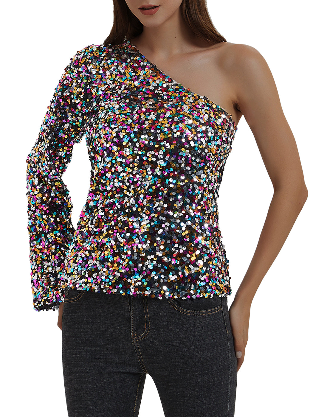 One Shoulder Long Sleeve Sequin Party Top