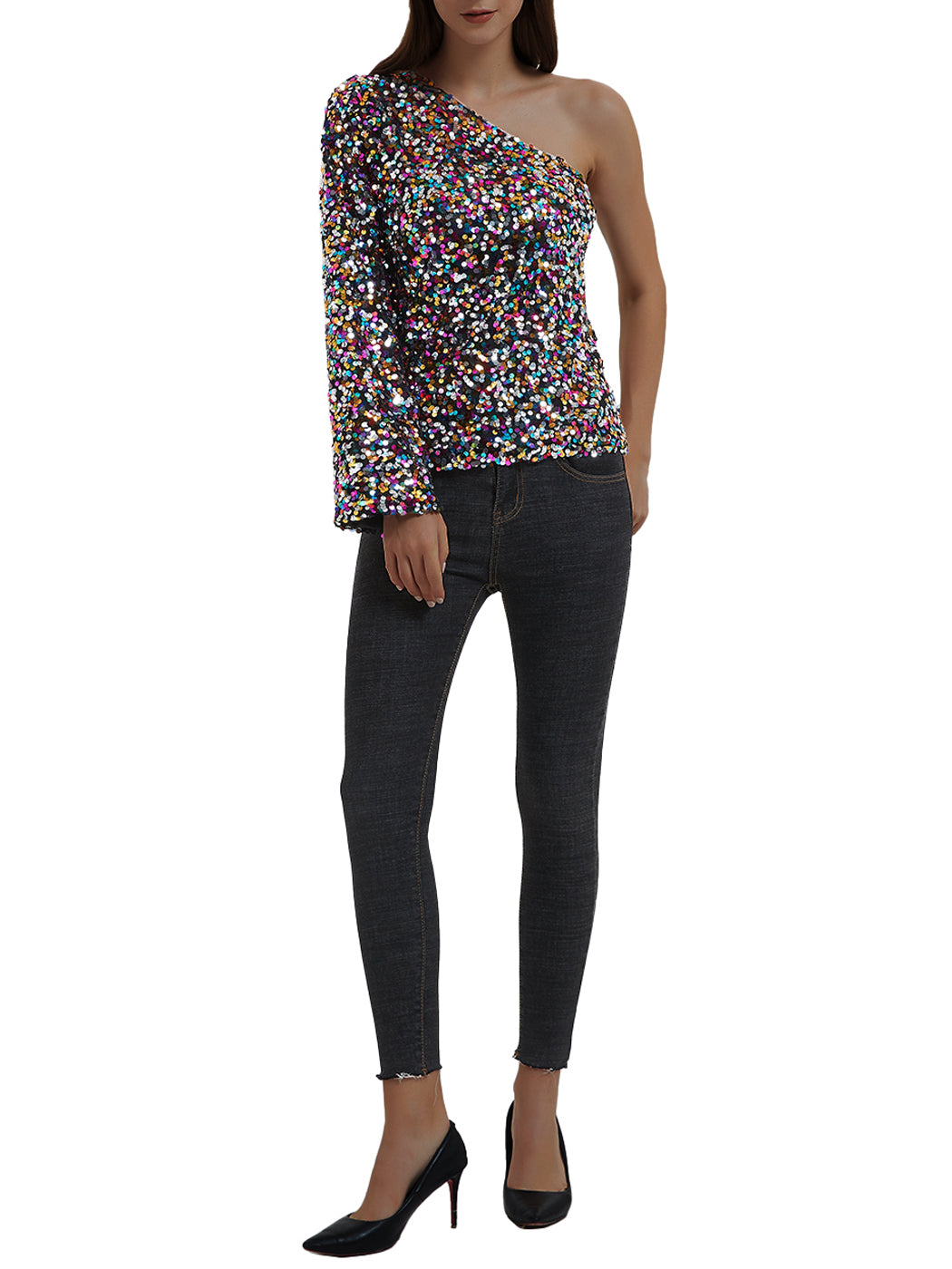 One Shoulder Long Sleeve Sequin Party Top