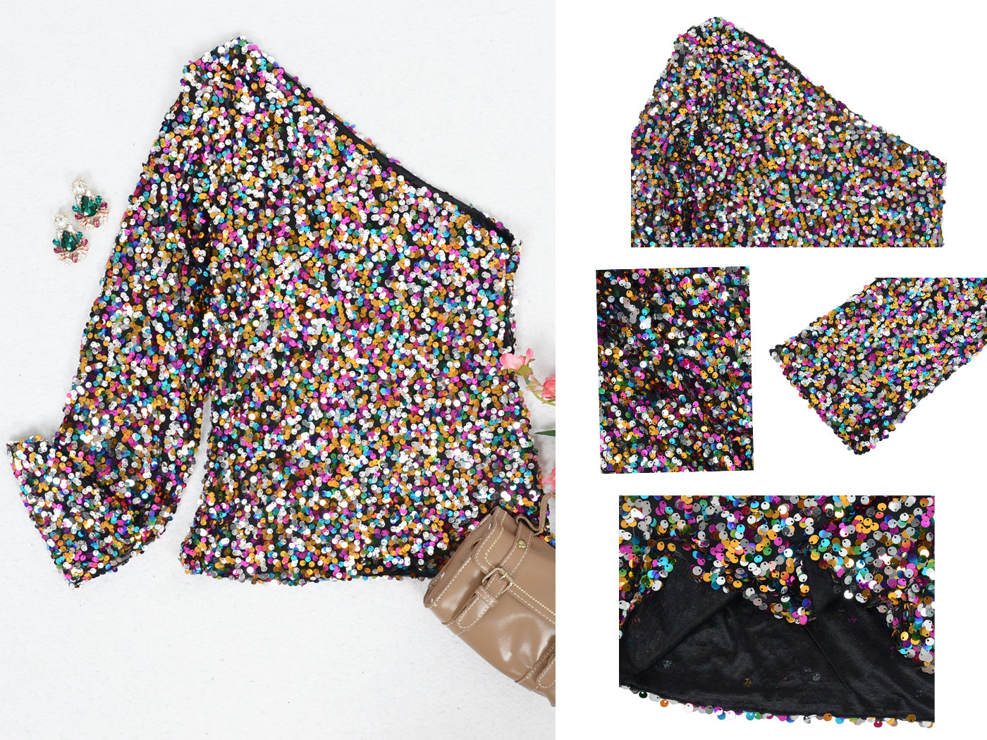 One Shoulder Long Sleeve Sequin Party Top