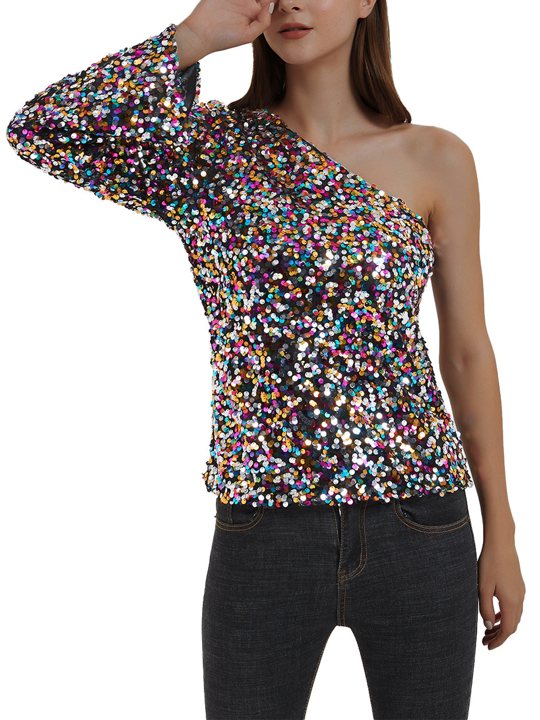 One Shoulder Long Sleeve Sequin Party Top