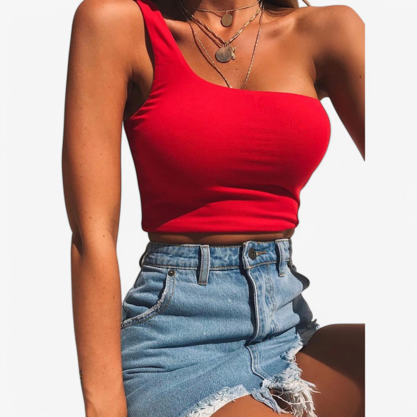 Women's One-Shoulder Ribbed Crop Top with Stretch Fit