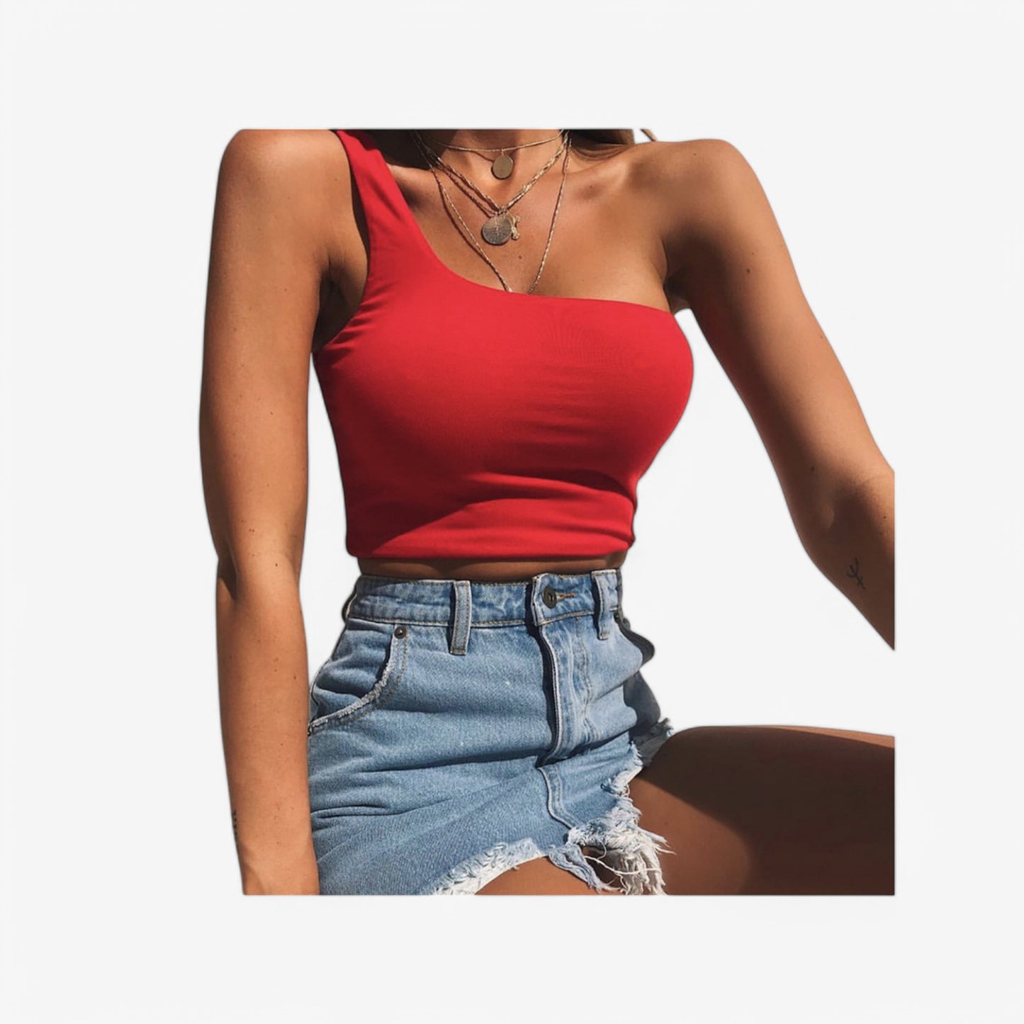 Women's One-Shoulder Ribbed Crop Top with Stretch Fit