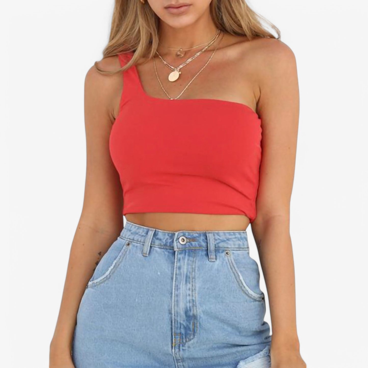 Women's One-Shoulder Ribbed Crop Top with Stretch Fit