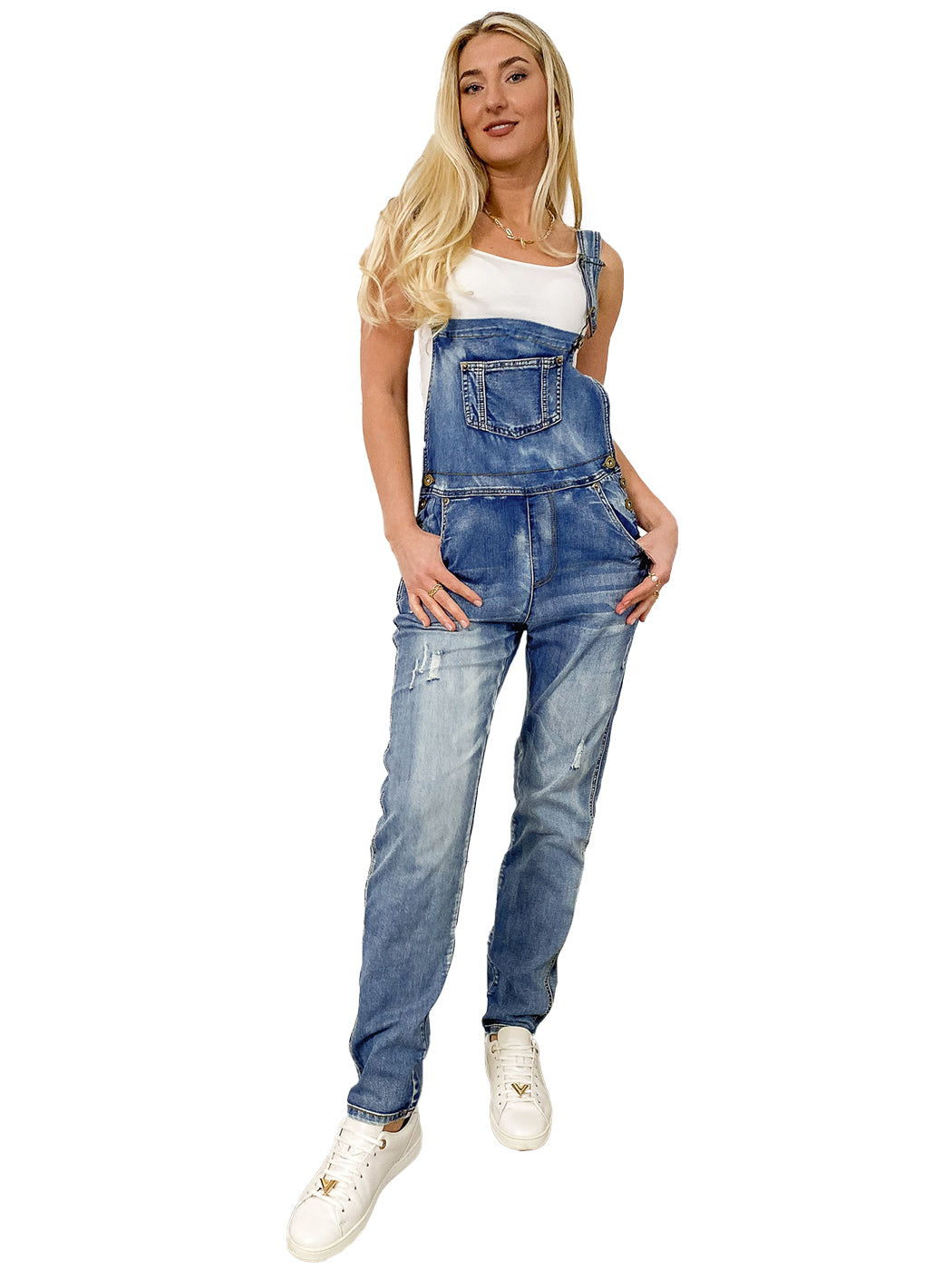 Pocket Denim Tapered Leg Overalls