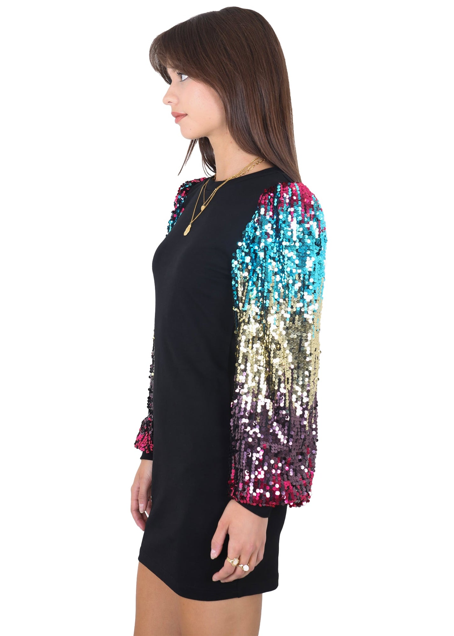 Anna-Kaci Women's Confetti Sequin Balloon Long Sleeve Round Neck Pullover Dress