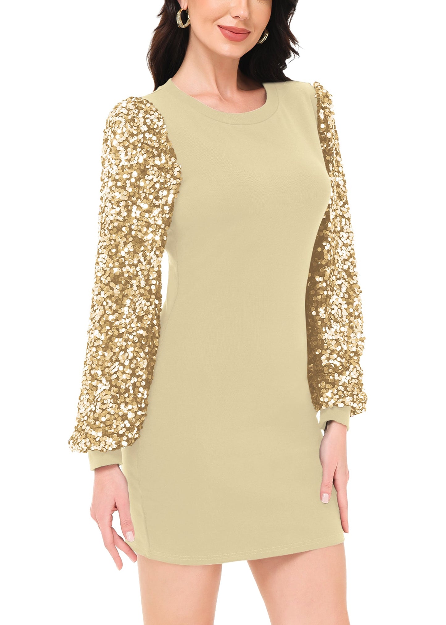 Anna-Kaci Women's Confetti Sequin Balloon Long Sleeve Round Neck Pullover Dress