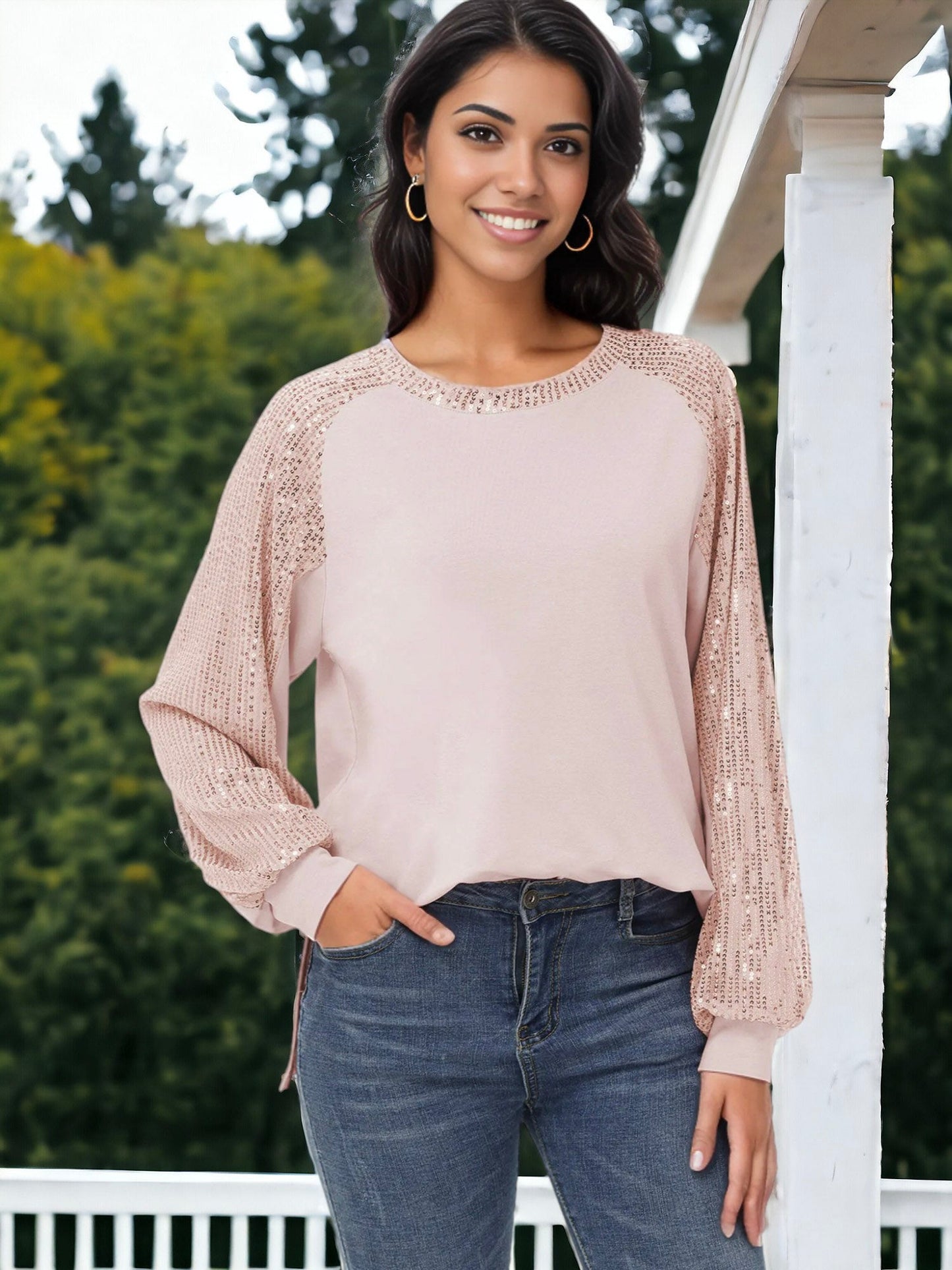 Anna-Kaci Women's Casual Sequin Ballon Long Sleeve Blouse Loose Round Neck Matching Top Party