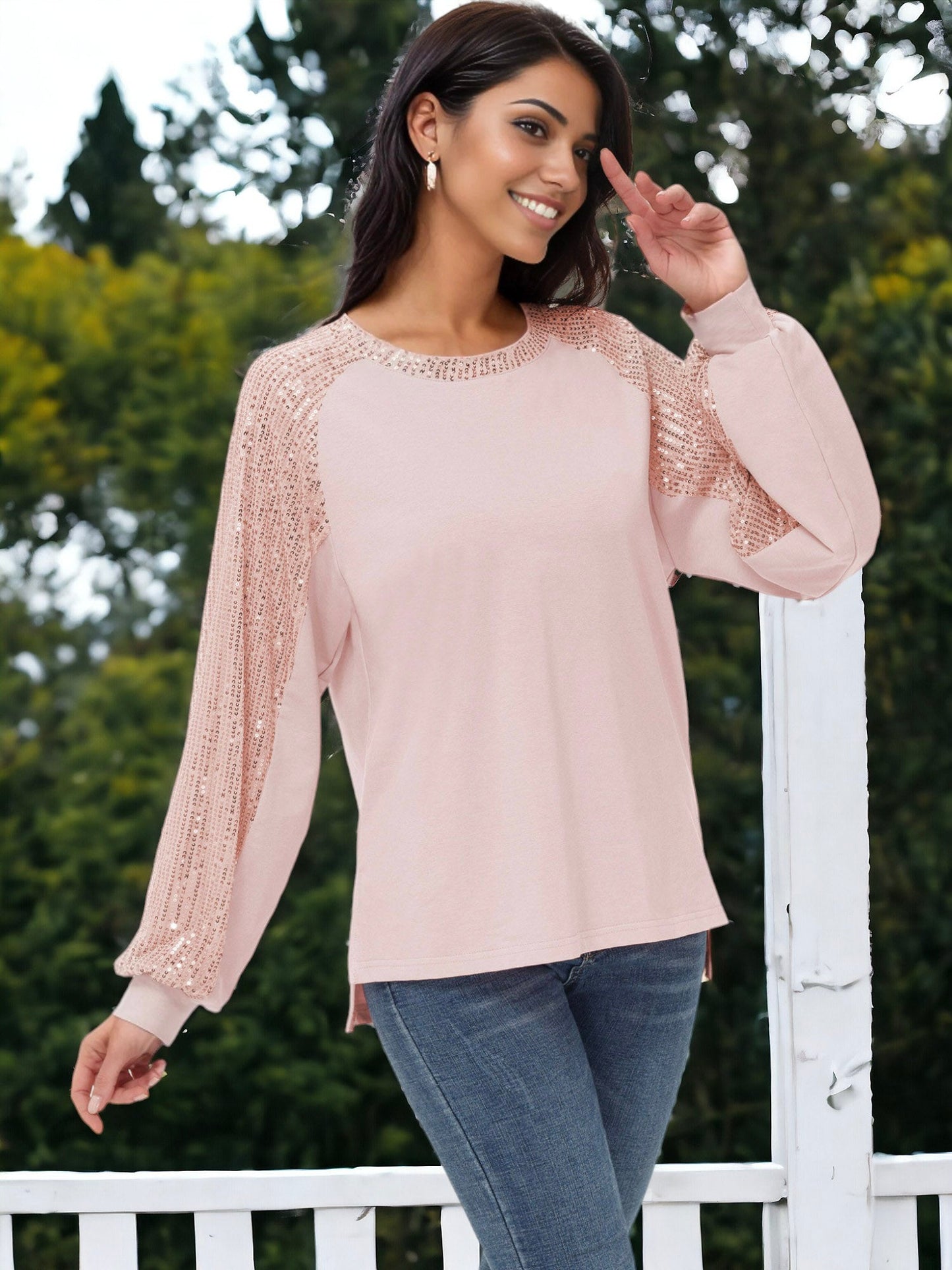 Anna-Kaci Women's Casual Sequin Ballon Long Sleeve Blouse Loose Round Neck Matching Top Party