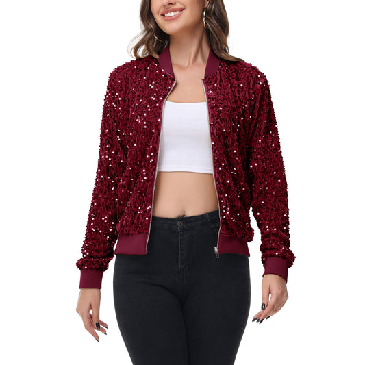 Sequin Bomber Jacket Zip Front Ribbed Cuffs and Hem Pockets