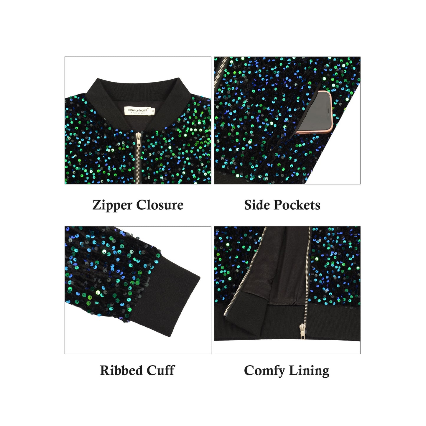 Sequin Bomber Jacket Zip Front Ribbed Cuffs and Hem Pockets