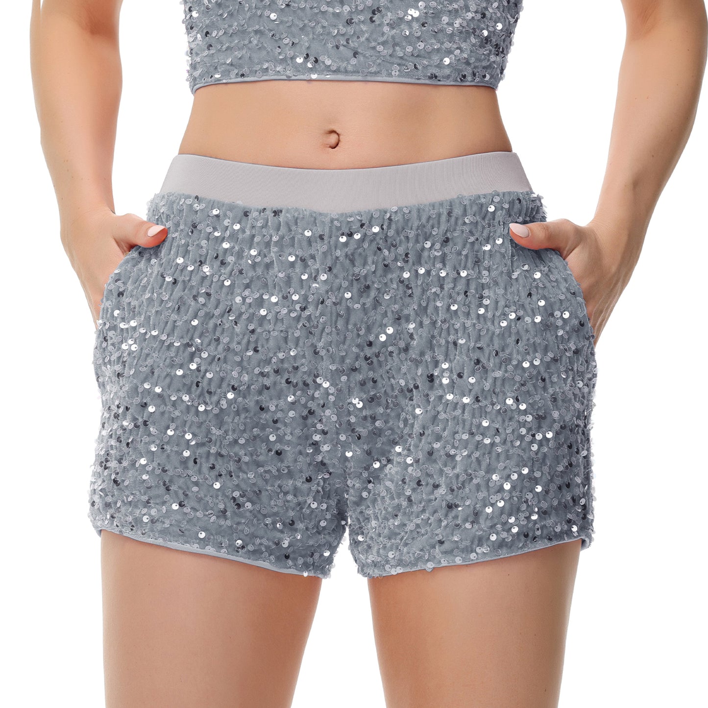 Anna-Kaci Women's Sparkly Sequin Shorts Elastic Waist Glitter Straight Leg Party Shorts with Pockets
